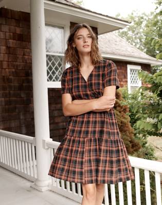 Plaid Faux-Wrap Short-Sleeve Tiered ...